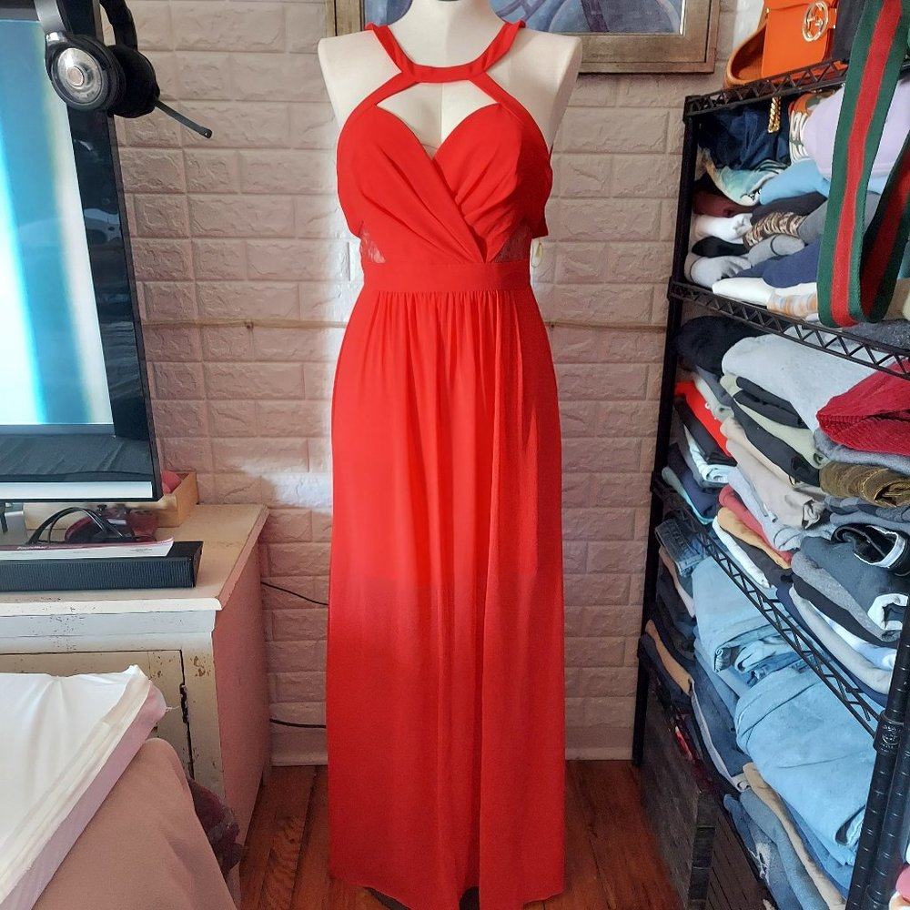 NWT Womens BCBGeneration Red 2 Side Slit Dress Sheer Lace Long Size 6